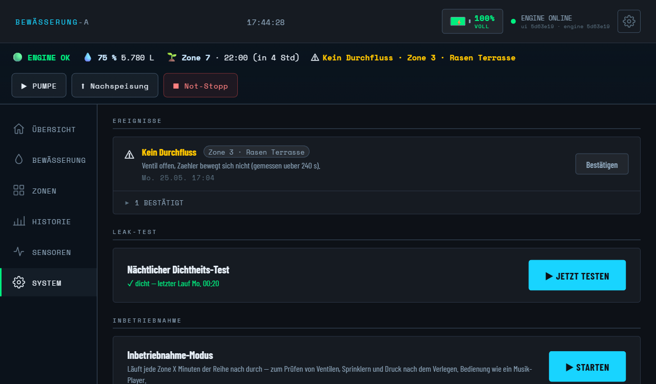 System-Bereich mit Anomalie-Banner, Ereignis-Liste und nächtlichem Dichtheits-Test